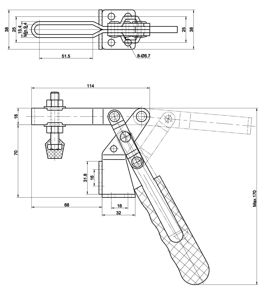 DST-20820 Technische Zeichnung Waagrechtspanner waagrecht und senkrecht montierbar