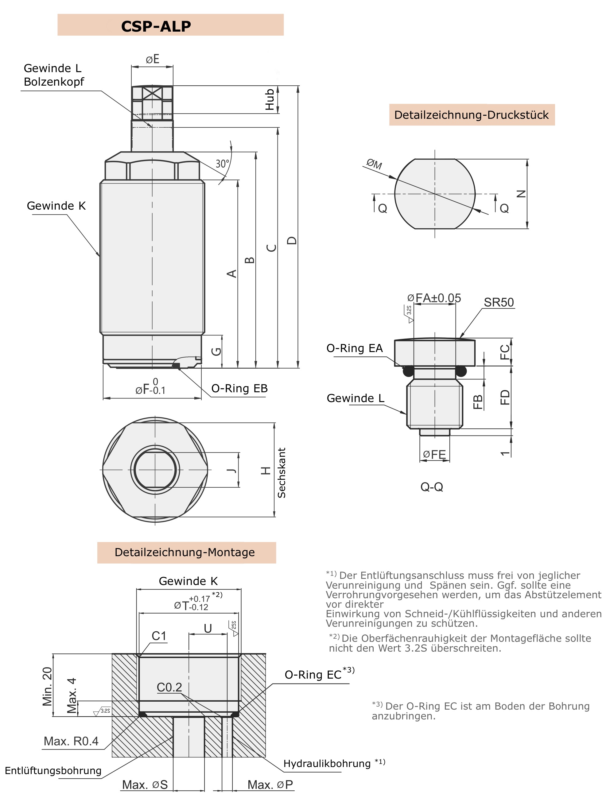 CSP-ALP Technische Zeichnung Hydraulisches Abstützelement für Niederdruck, 70 bar
