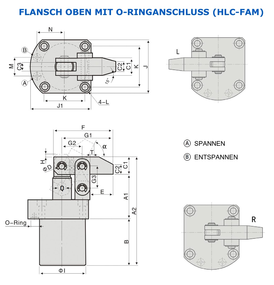 HLC-FAM Hydraulischer Hebelspanner Flansch oben O-Ringanschluss