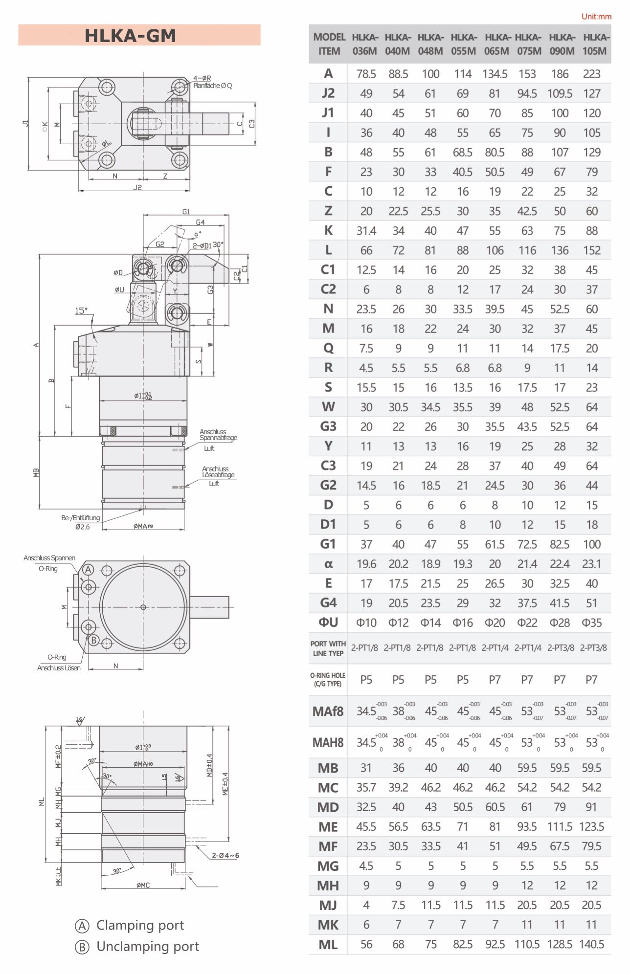 HLKA-GM Technische Zeichnung Hydraulischer Hebelspanner pneumatischer Positionsabfrage bei Tieflochbohrung