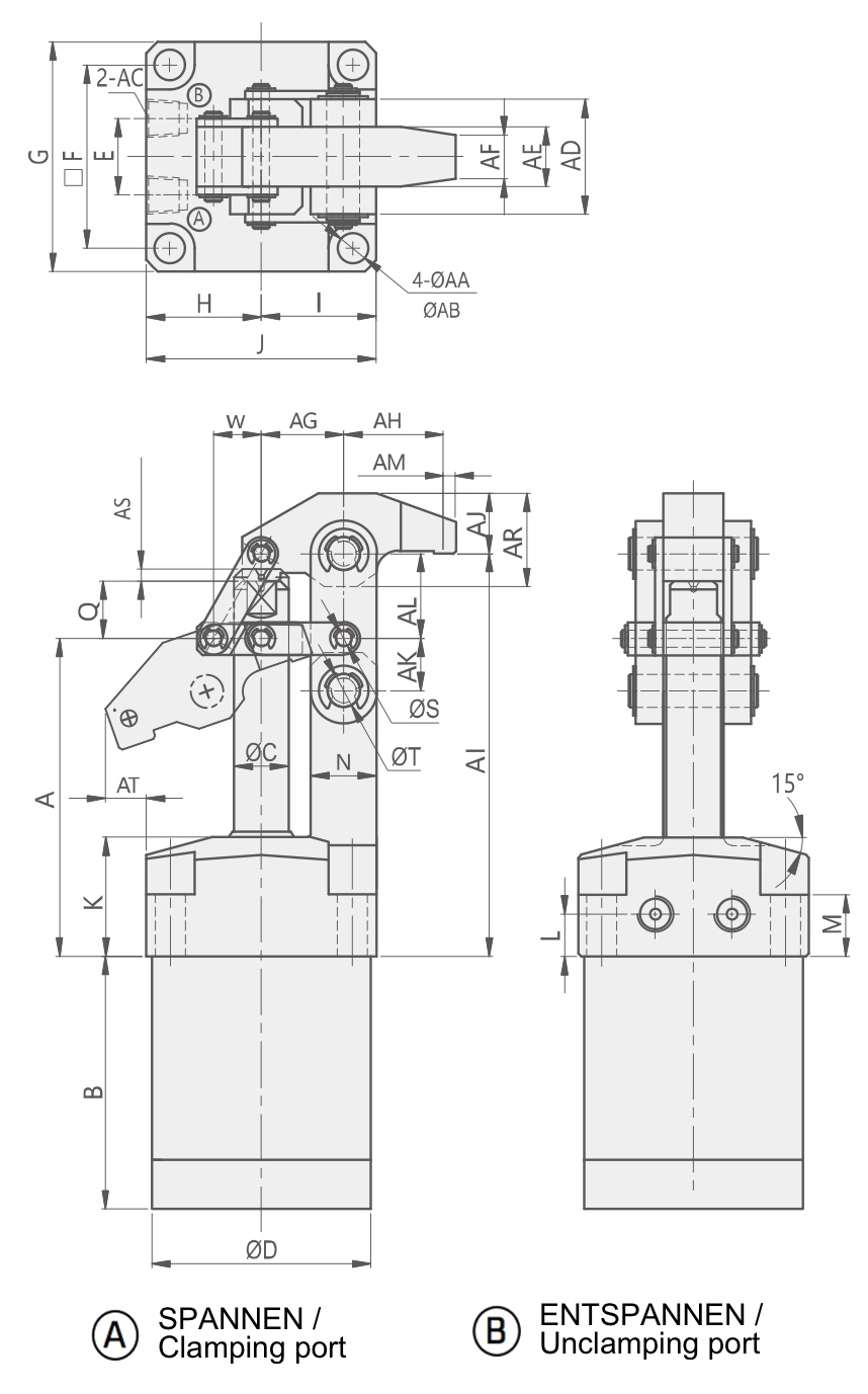 HLS Technische Zeichnung Hydraulischer Hebelspanner Rohrleitungsanschluss