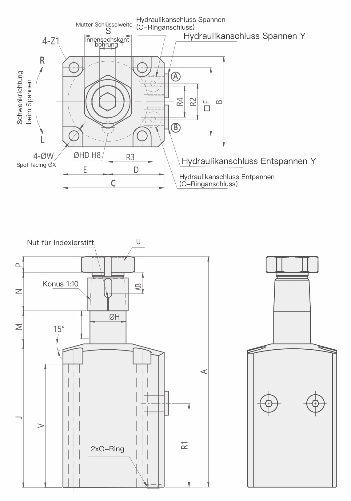 HBTU Technische Zeichnung Hydraulischer Schwenkspanner Hydraulikspanner in Blockversion