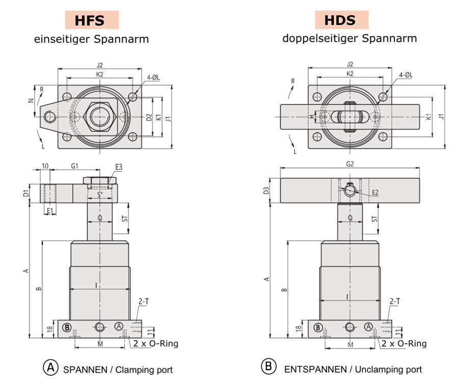 HFS Technische Zeichnung Hydraulischer Schwenkspanner, Schwenkspannzylinder