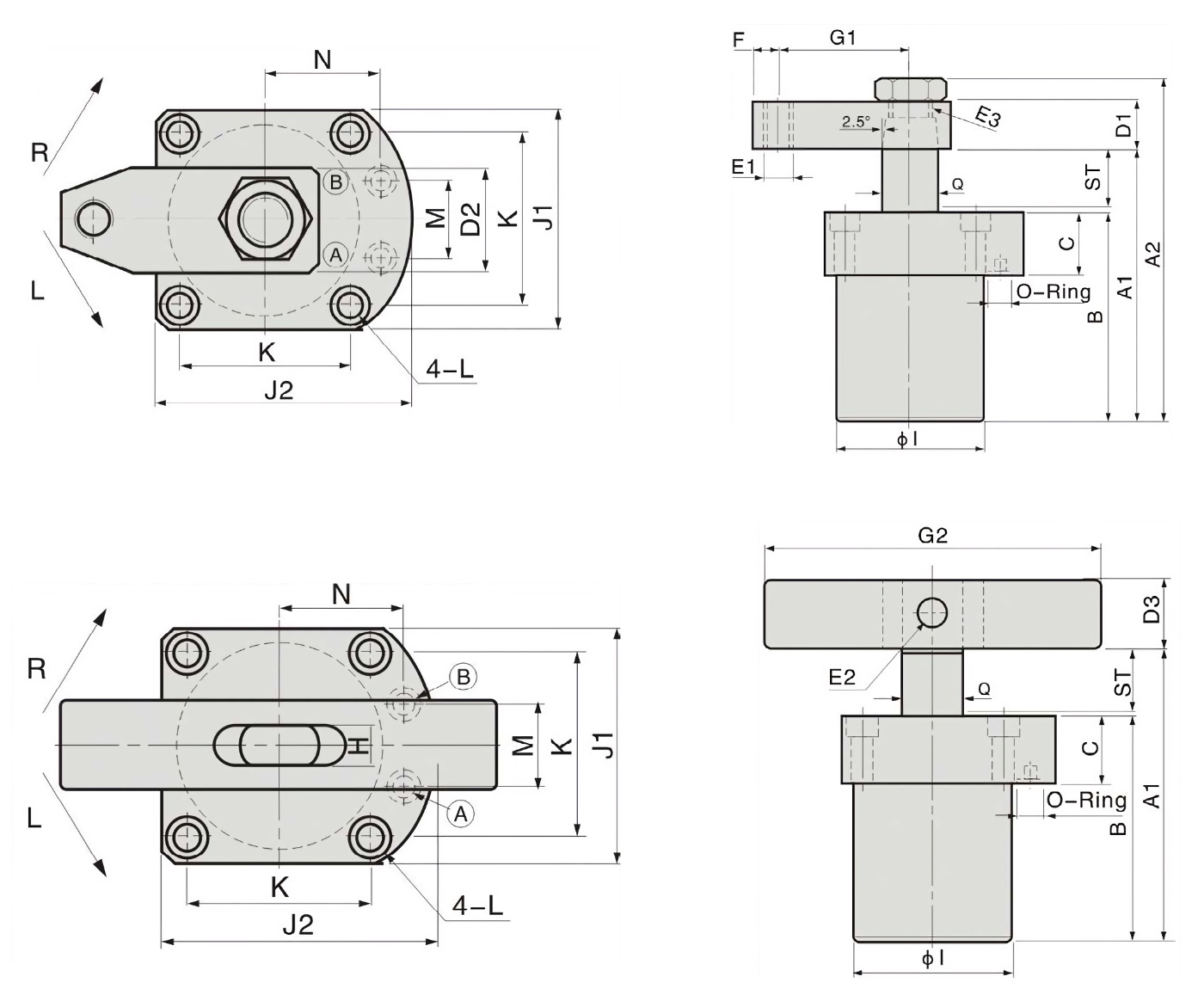 HSC Technische Zeichnung Hydraulischer Schwenkspanner mit O-Ringanschluss und Flansch oben