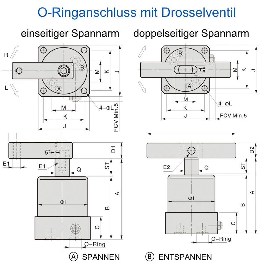 ASC Technische Zeichnung Pneumatischer Schwenkspanner O Ringanschluss und Drosselventil