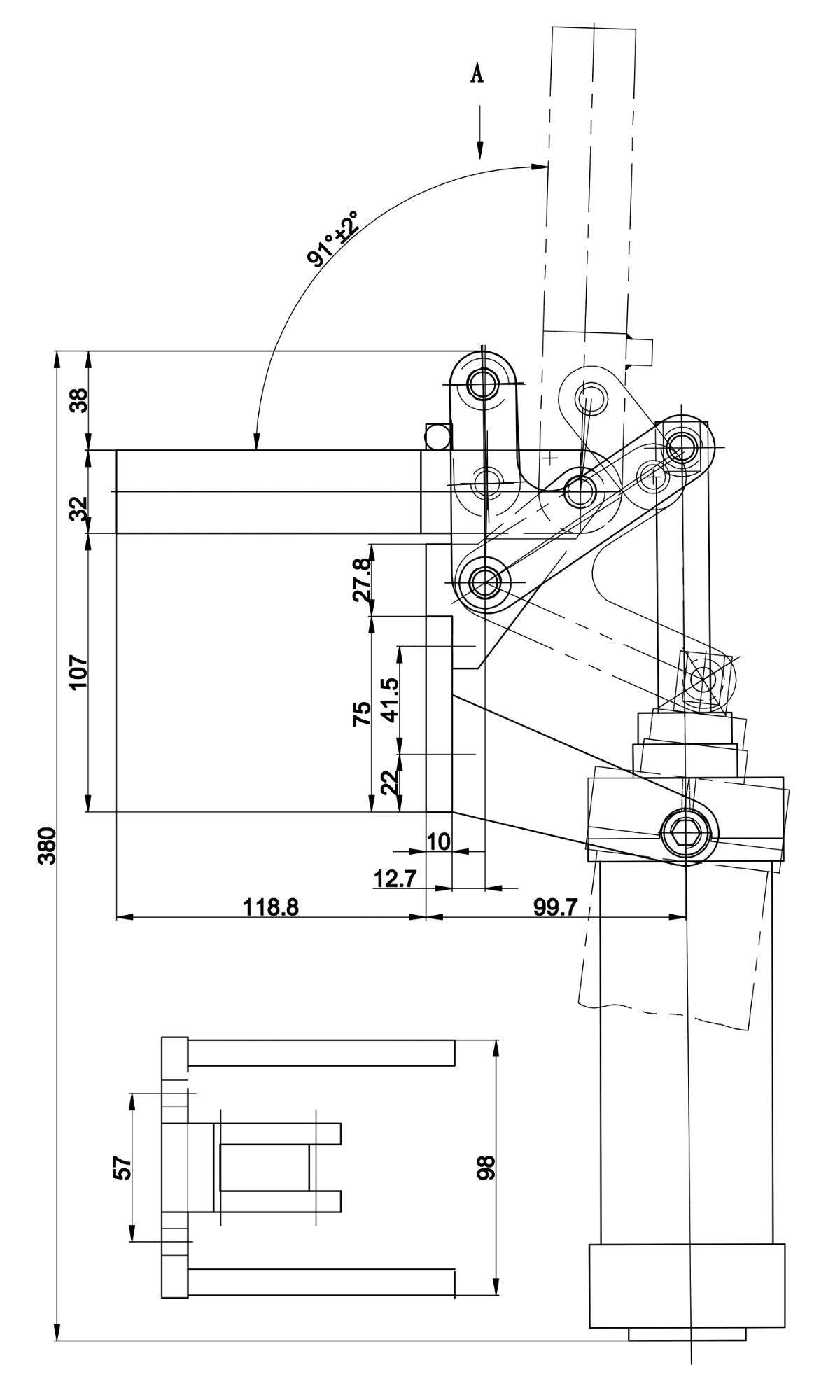 DST-20840-A Technische Zeichnung Pneumatikspanner vertikal 10000N