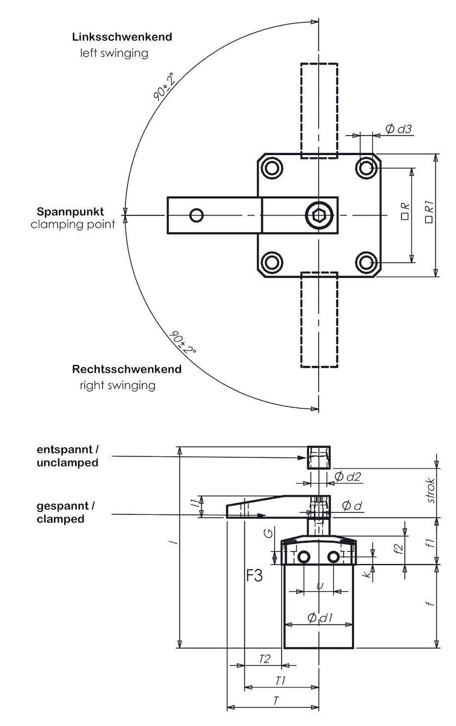 P21 Zeichnung Drawing Pneumatischer Schwenkspanner