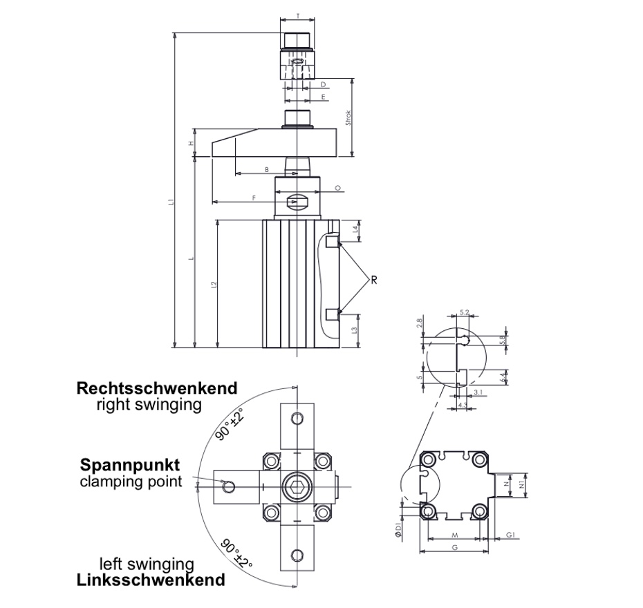 P22 Technische Zeichnung Pneumatischer Schwenkspanner mit Schweissschutz