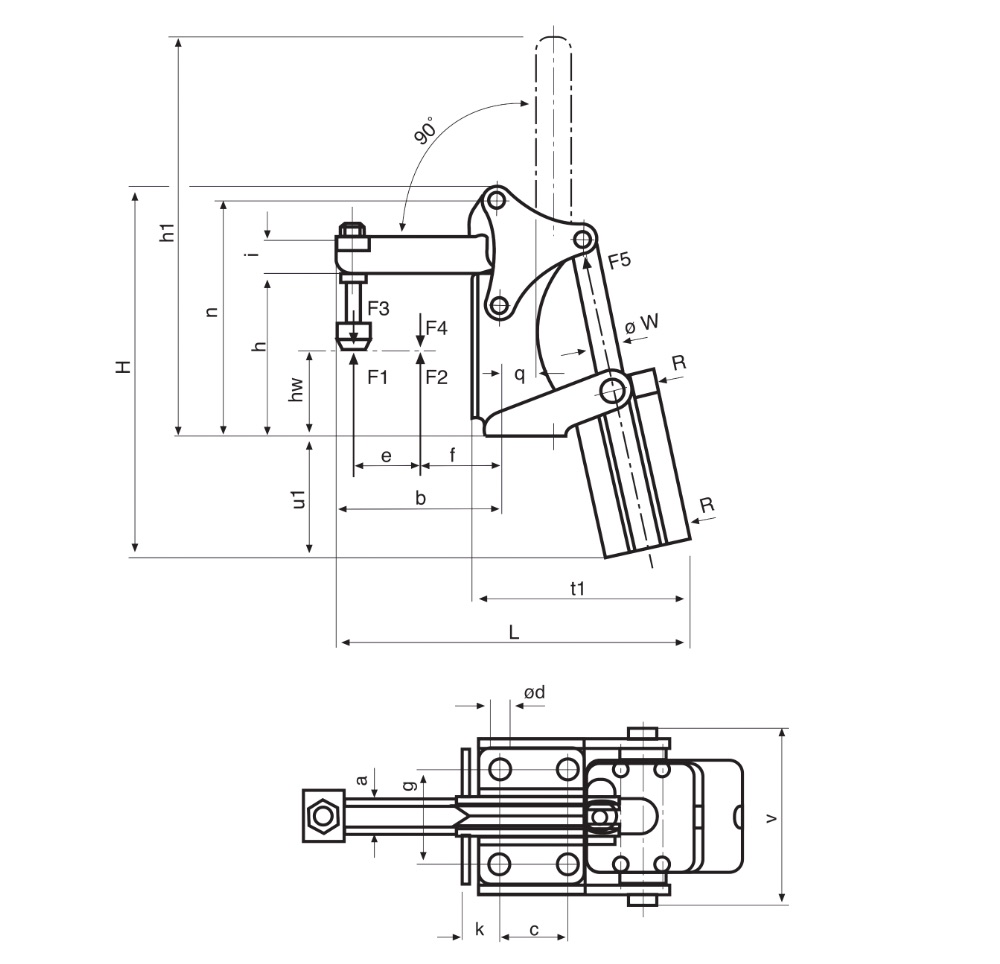 P50 Zeichung Pneumatikspanner mit vertikalem Zylinderanbau
