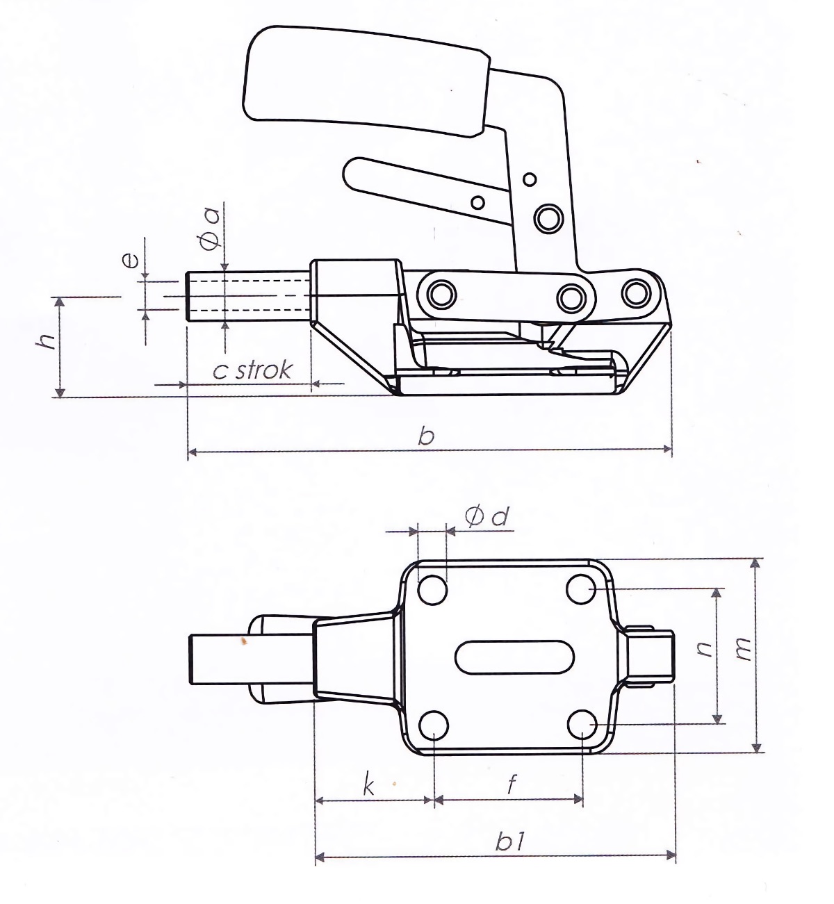 M65S Technische Zeichnung Schubstangenspanner mit Zusatzverriegelung