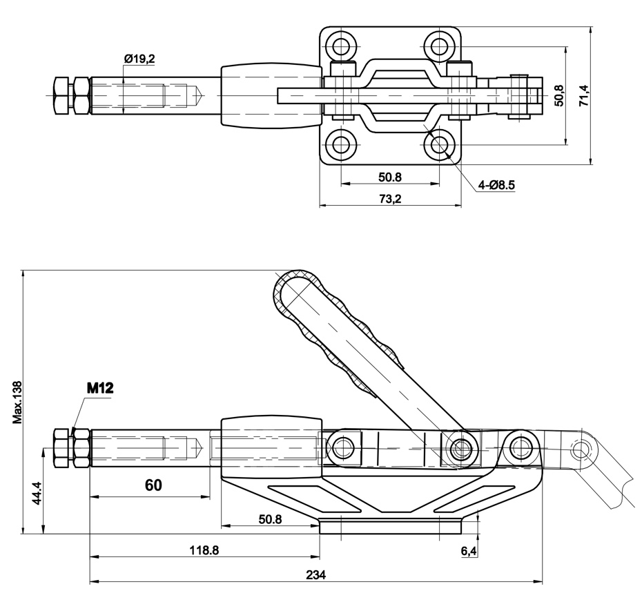 DST-304-HM Technische Zeichnung Schubstangenspanner mit Gusskörper 6800N