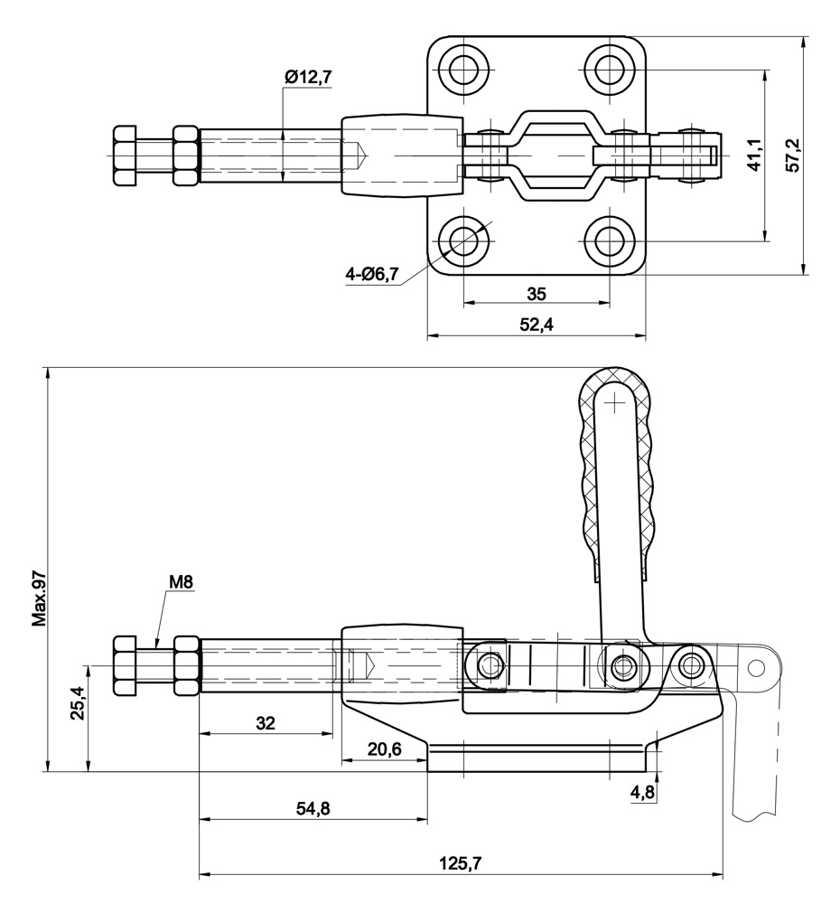 DST-305-CM Technische Zeichnung Schubstangenspanner mit Gusskoerper 2270N