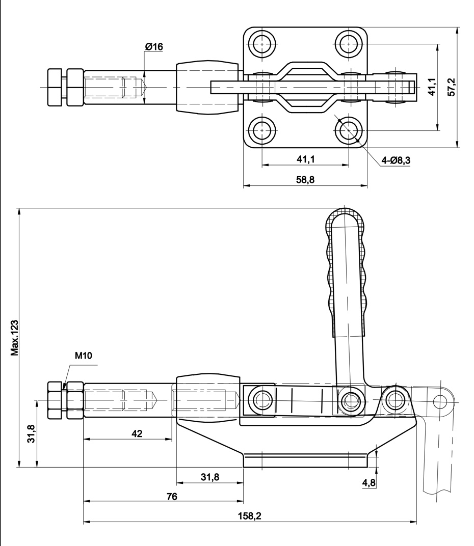 DST-354-EM Technische Zeichnung Schubstangenspanner mit Gusskörper 3860N