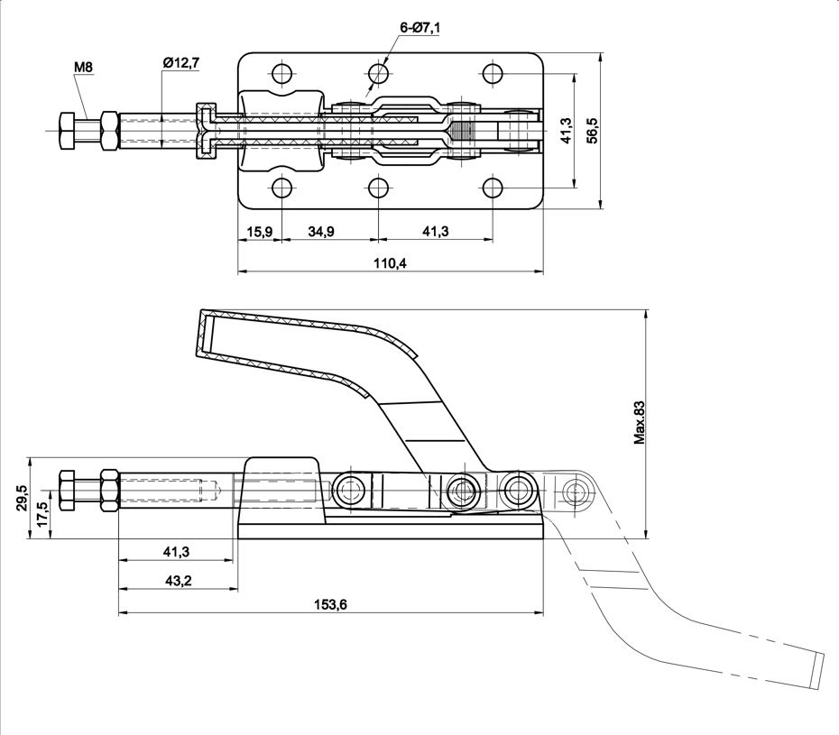 DST-30607-M Technische Zeichnung Schubstangenspanner mit massivem Grundkörper aus geschmiedetem Stahl 3180N Haltekraft