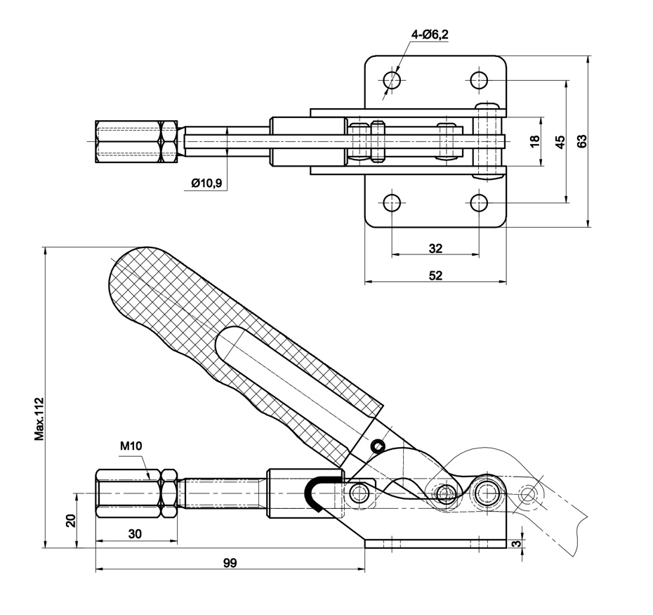 DST-31501 Technische Zeichnung Schubstangenspanner mit waagrechtem Fuss 2000N