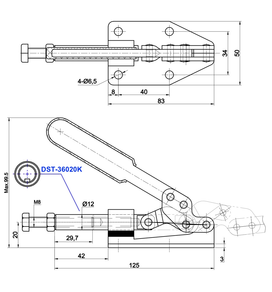 DST-36020 Technische Zeichnung Schubstangenspanner mit waagrechtem Fuss 1800N