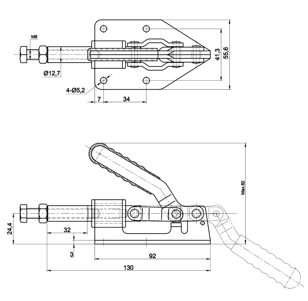 DST-36092-MSS Technische Zeichnung Schubstangenspanner mit waagrechtem Fuss Edelstahl 1800N