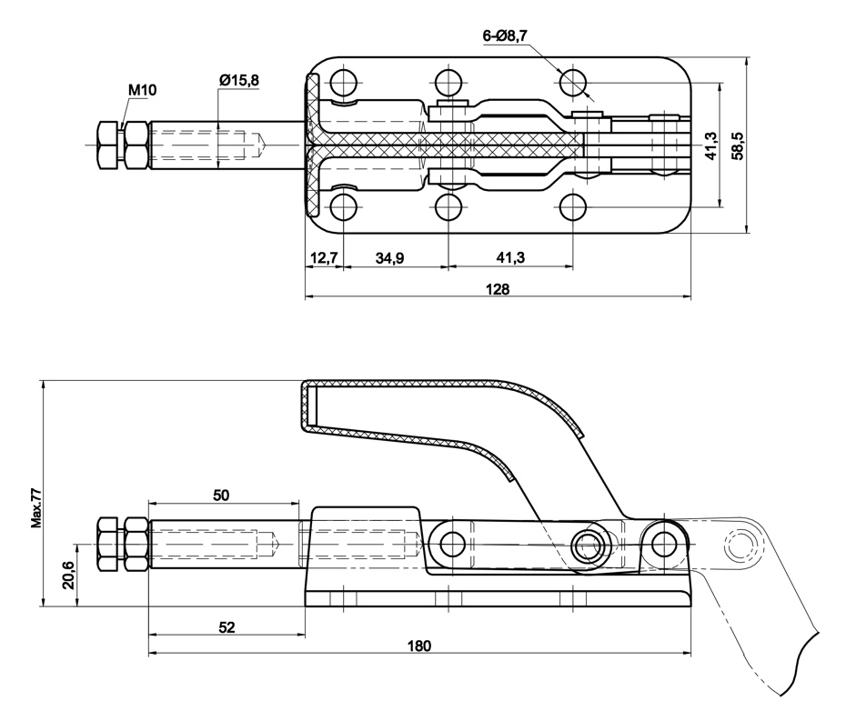 DST-36330-M Technische Zeichnung Schubstangenspanner mit massivem Grundkörper aus geschmiedetem Stahl 11360N Haltekraft