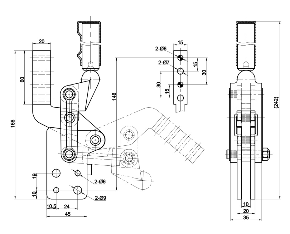 CH-70730B Technische Zeichnung Schnellspanner vertikal schwere Ausführung mit senkrechtem Fuss 7000N