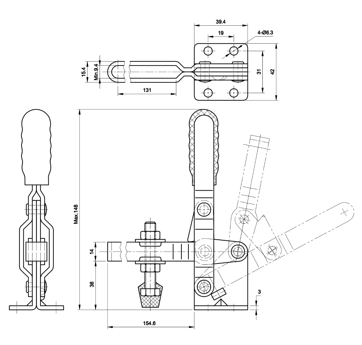 DST-101-D-15 Technische Zeichnung Senkrechtspanner-Vertikalspanner waagrechter Fuß, verstellbare Andrückspindel, extra langer U-Spannarm 1800N
