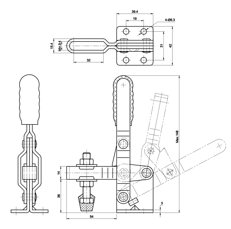 DST-101-D Technische Zeichnung Senkrechtspanner-Vertikalspanner waagrechter Fuß, verstellbare Andrückspindel, U-Spannarm 1800N