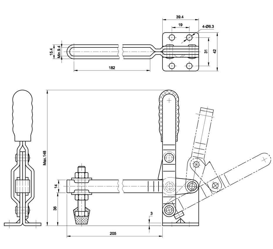 DST-101-E-20 Technische Zeichnung Senkrechtspanner-Vertikalspanner waagrechter Fuß, verstellbare Andrückspindel, extra langer U-Spannarm 1800N