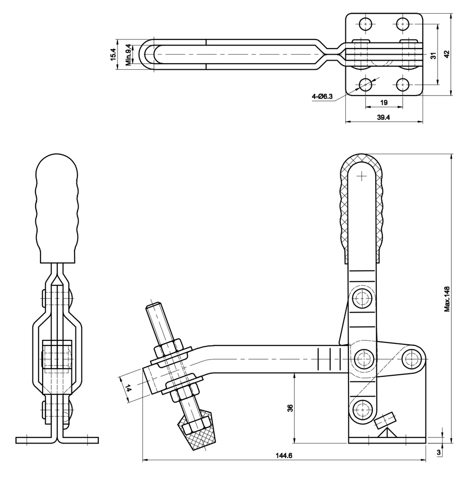DST-101-ED Technische Zeichnung Senkrechtspanner-Vertikalspanner mit waagrechtem Fuß und langem, nach unten gebogenem U-Spannarm 1500N