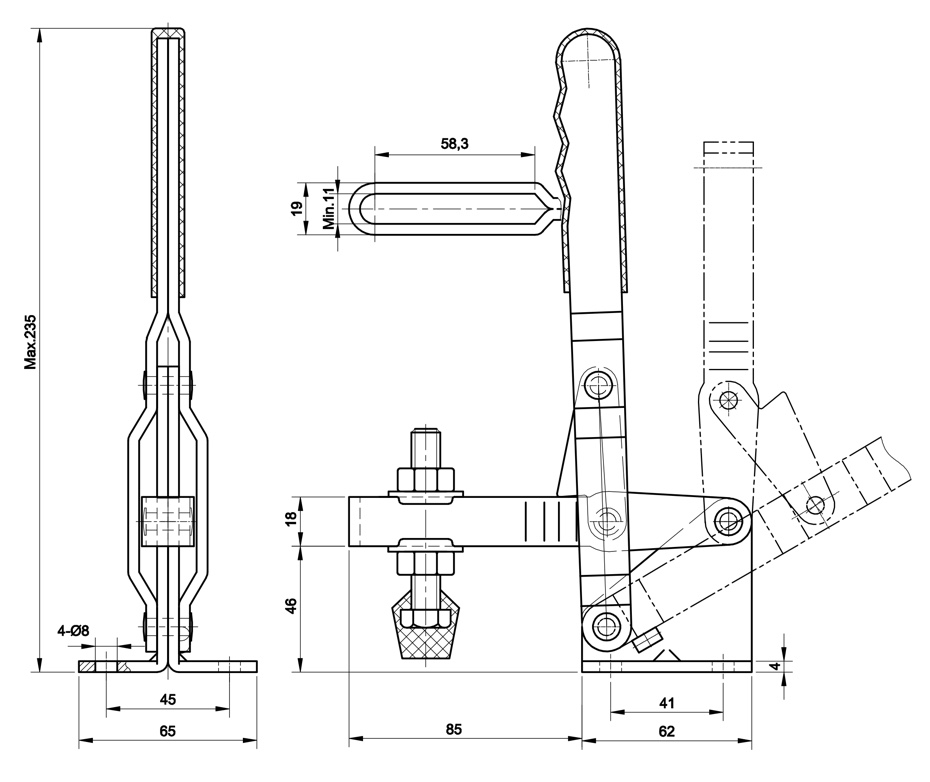 DST-101-EL Technische Zeichnung-Abmessungen Vertikal-Spanner mit waagrechtem Fuß