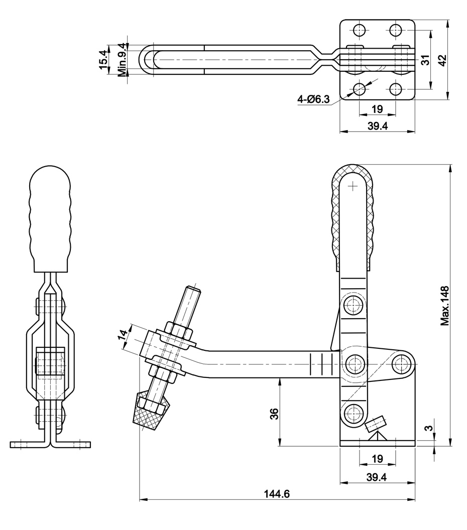 DST-101-EU Technische Zeichnung Senkrechtspanner-Vertikalspanner mit waagrechtem Fuß und langem, nach oben gebogenem U-Spannarm 1500N
