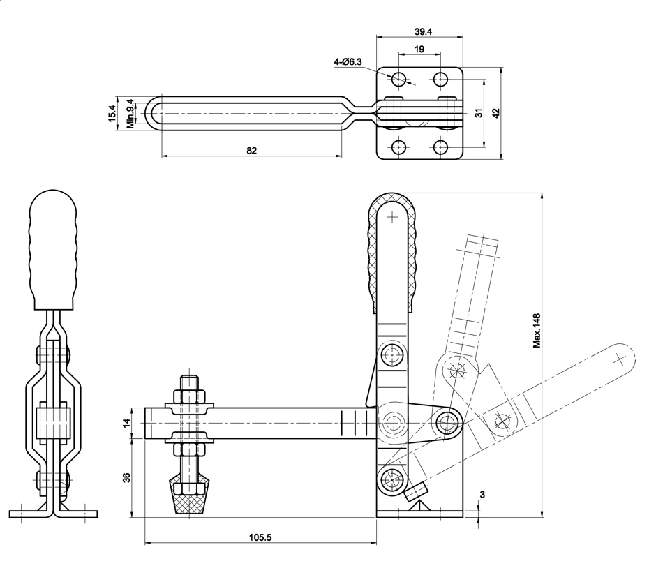 DST-101-E Technische Zeichnung Senkrechtspanner-Vertikalspanner waagrechter Fuß, verstellbare Andrückspindel, langer U-Spannarm 1800N