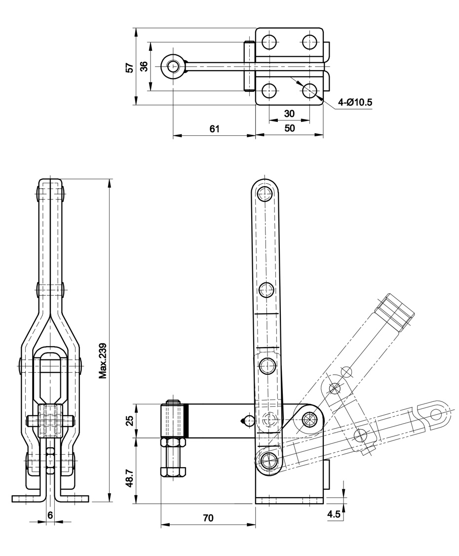 DST-10444 Technische Zeichnung Vertikal-Kniehebelspanner fuer Schweissvorrichtungen langer massiver Spannarm 4000N