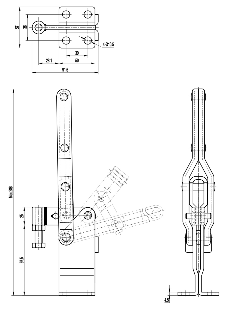DST-10448-ZH Technische Zeichnung Vertikal Kniehebelspanner für Schweissvorrichtungen hohe Version 4000N