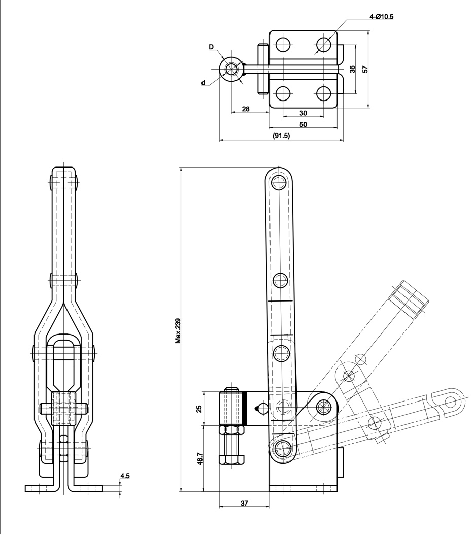 DST-10448-Z Technische Zeichnung Vertikal-Kniehebelspanner fuer Schweissvorrichtungen kurzer Spannarm 4000N