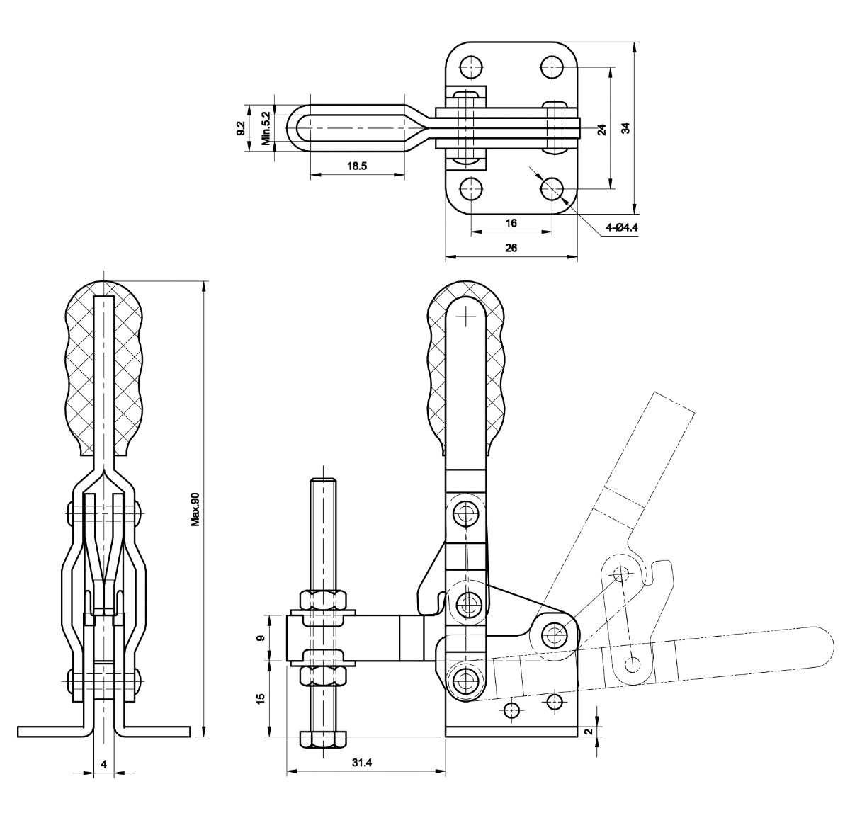 DST-10752-B Technische Zeichnung Senkrechtspanner-Vertikalspanner mit waagrechtem Fuss 800N