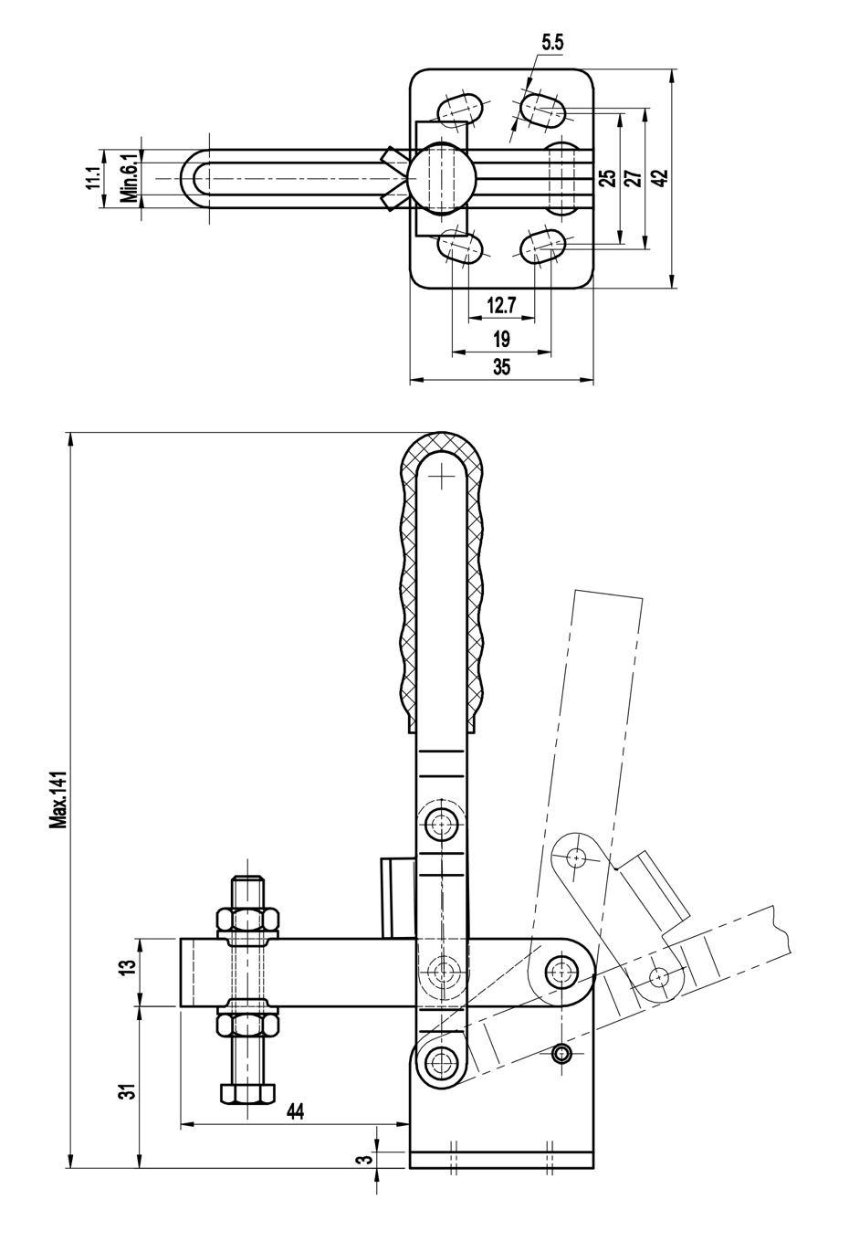DST-11002-BSS Technische Zeichnung Senkrechtspanner-Vertikalspanner mit waagrechtem Fuss EDELSTAHL 800N