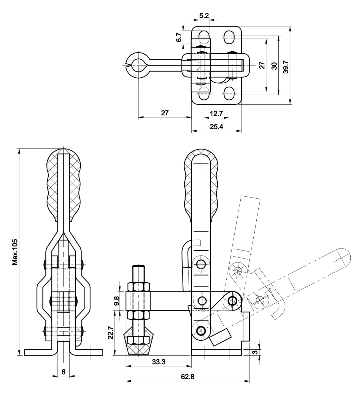 DST-12050 Technische Zeichnung Senkrechtspanner Vertikalspanner waagrechter Fuss 910N