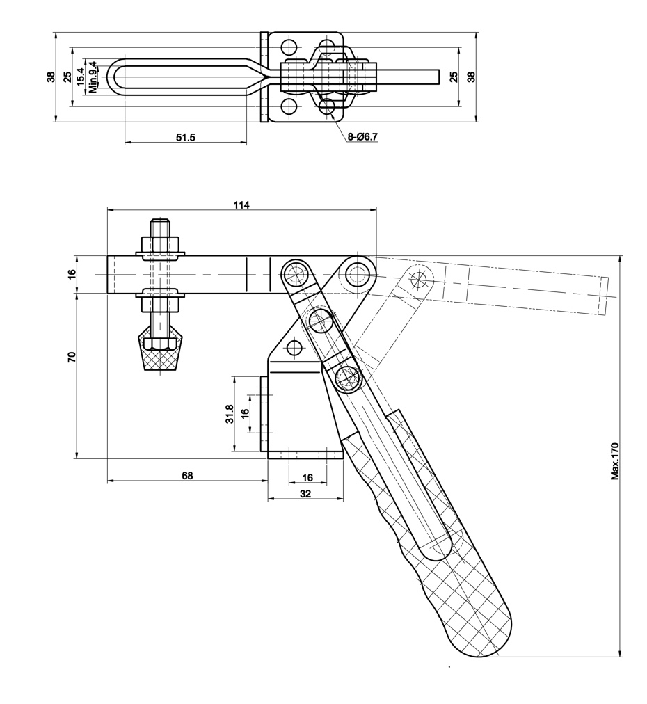 DST-20820 Technische Zeichnung Vertikal-Kniehebelspanner fur horizontale und vertikale Montage 1000N