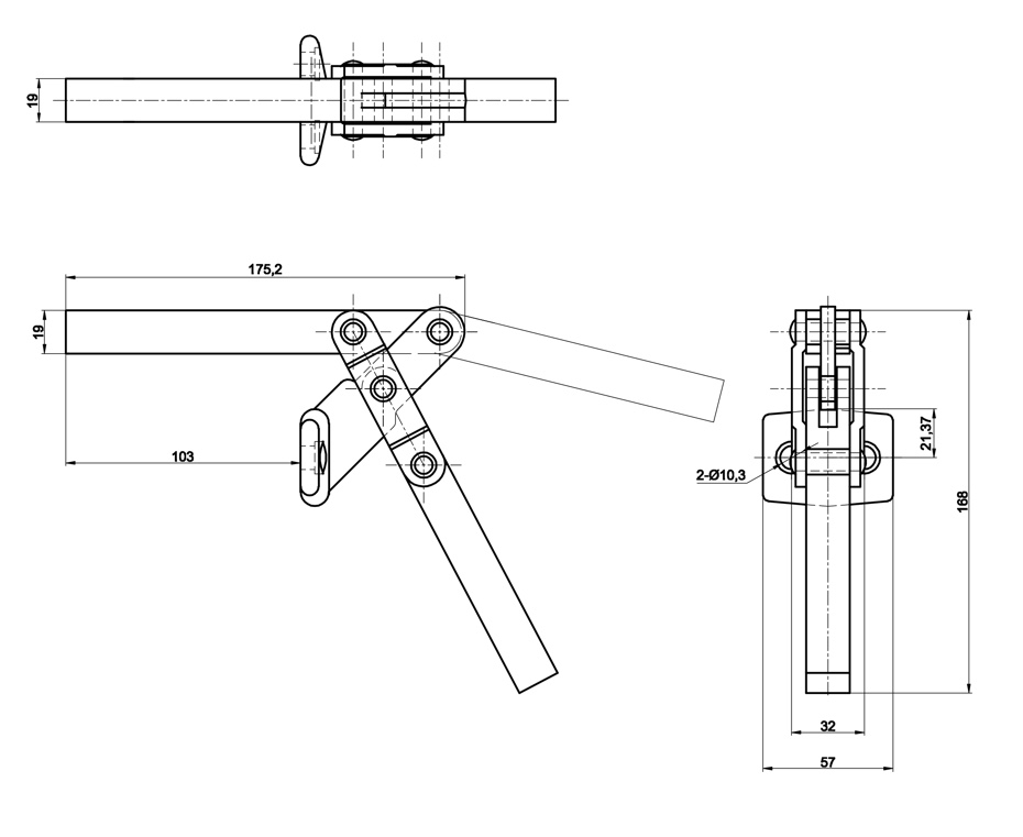DST 75027 SM Technische Zeichnung Vertikal Kniehebelspanner fuer schwere Lasten mit Frontbefestigung