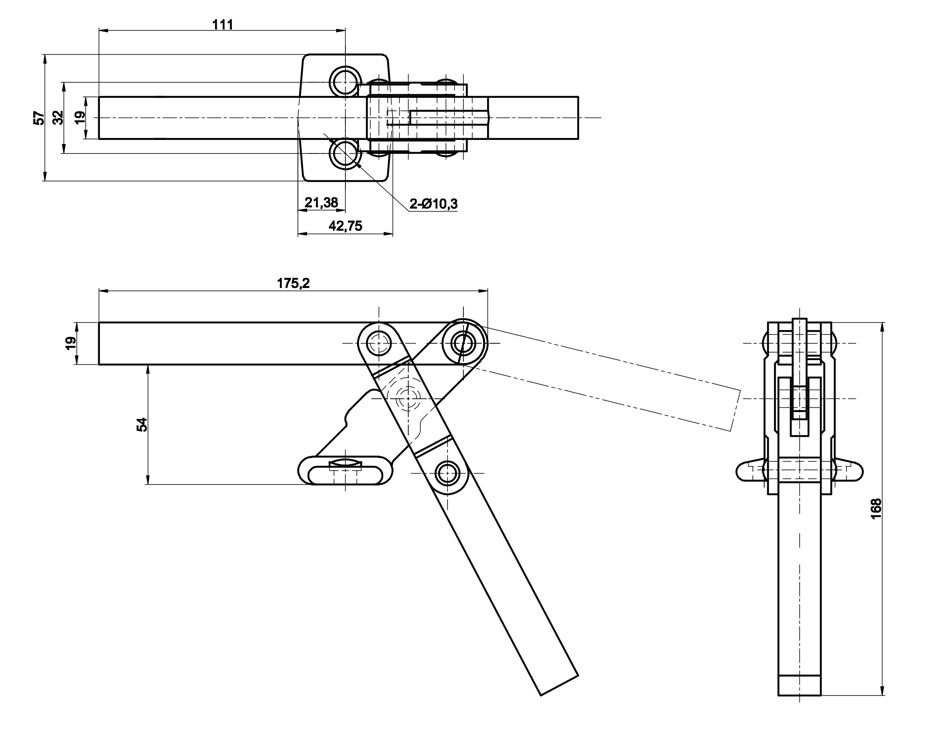 DST-75027 Technische Zeichnung Vertikal Kniehebelspanner fuer schwere Lasten mit abgewinkeltem Fuss