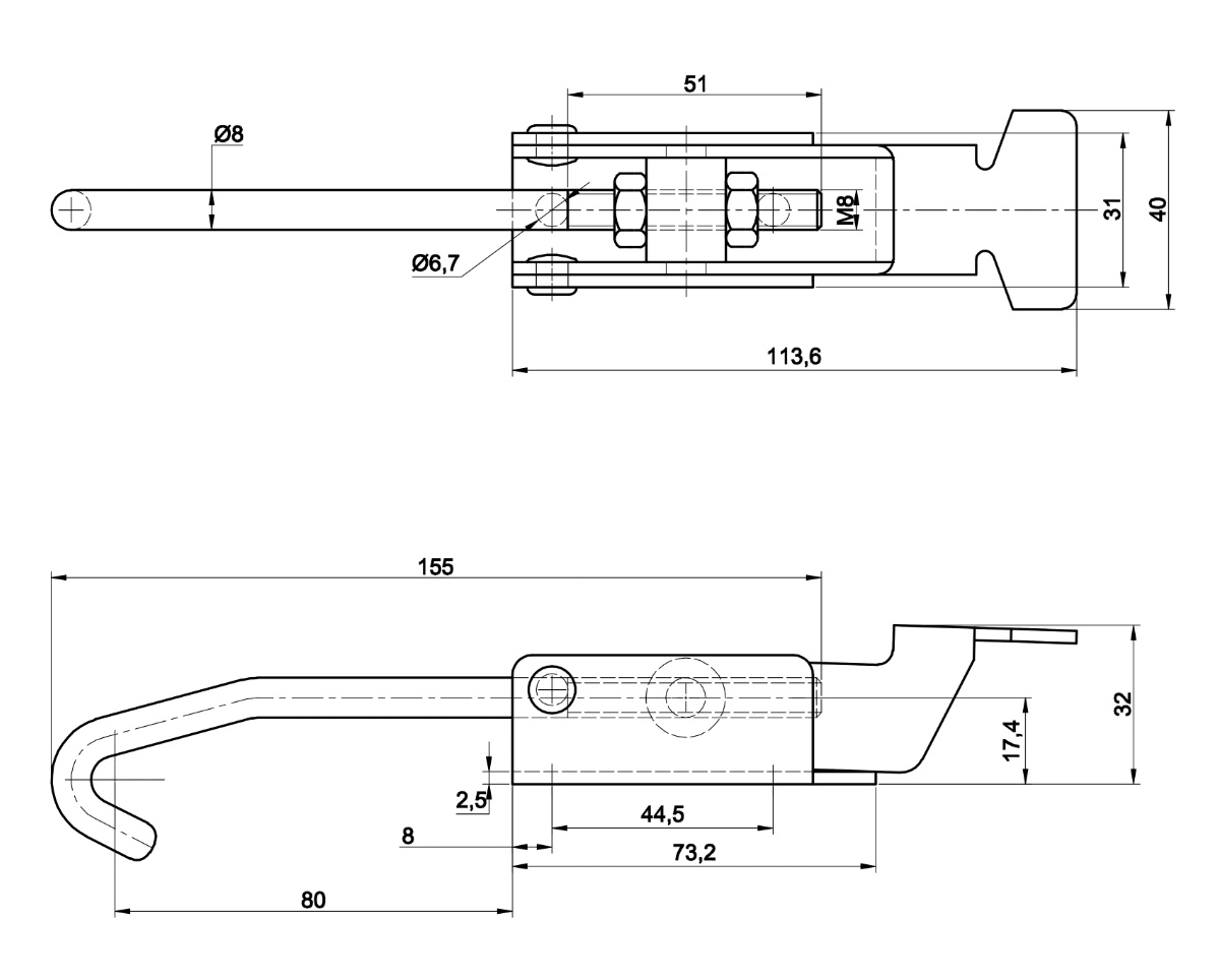 DST-40702 Technische Zeichnung Spannhakenverschluss-Spannverschluss einstellbar mit Schraubverstellung