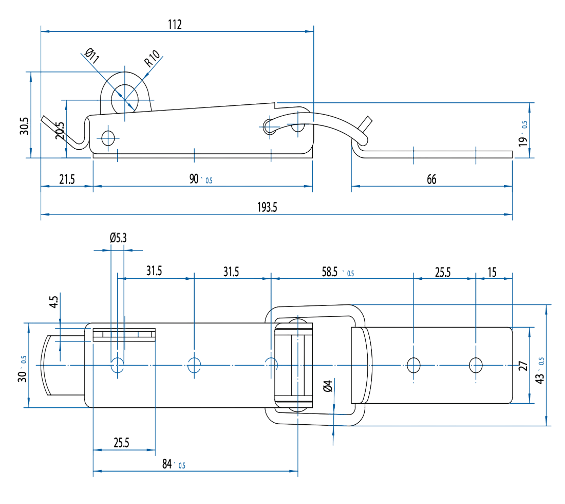 M520001 Technische Zeichung Spannverschluss mit Schlossöse Stahl und Edelstahl