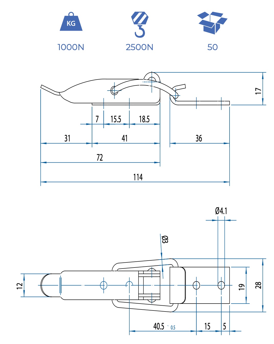 M520600 Technische Zeichung Spannverschluss mit Drahtbügel Stahl und Edelstahl