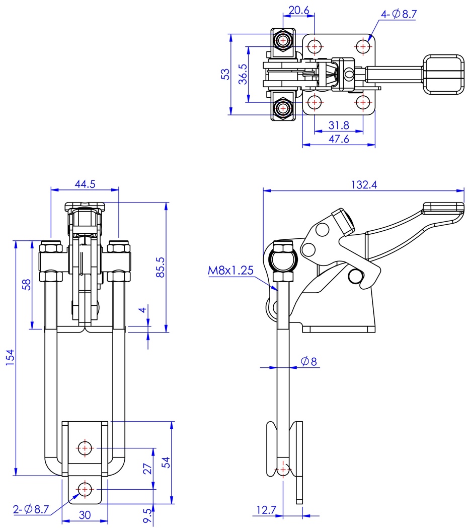 DST-40344-R Technische Zeichnung Verschlussspanner vertikal mit Verriegelung 9000N