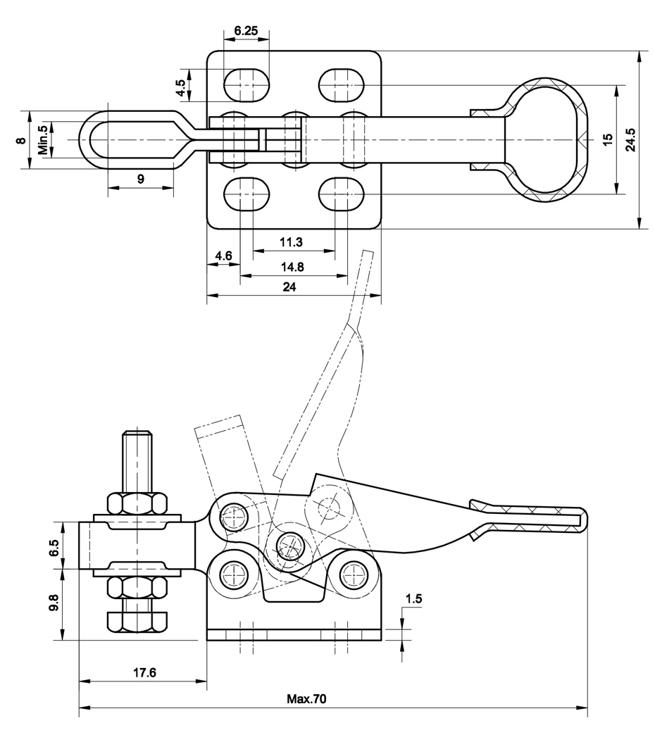 DST-20400 Technische Zeichnung Mini-Schnellspanner mit waagrechtem Fuss 200N