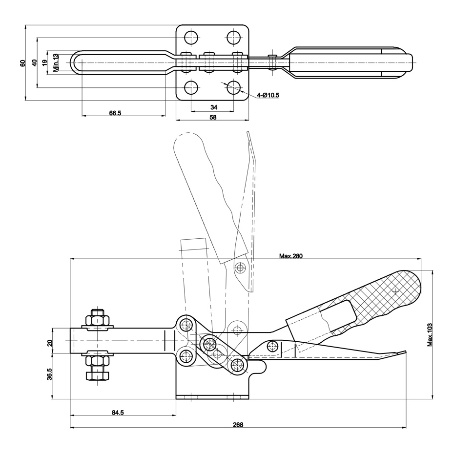 DST-21385 Technische Zeichnung Waagrechtspanner-Horizonalspanner mit waagrechtem Fuss und Schnellösehebel Haltekraft 3000N